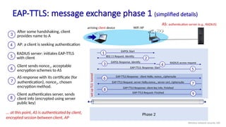 set
up
TLS
tunnel
EAP-TTLS: message exchange phase 1 (simplified details)
AS: authentication server (e.g., RADIUS)
arriving client device WiFi AP
Phase 2
5
EAP-TTLS: Response: Start
6
EAP-TTLS Response: client Hello, nonce1,ciphersuite
1
EAPOL Start
2
802.11 Request, Identity
3
EAPOL Response, Identify
4
RADIUS access request
7
EAP-TTLS Request: server Hello,nonce2, server cert, ciphersuite
8
EAP-TTLS Response: client key info, Finished
9
EAP-TTLS Request: Finished
... at this point, AS is authenticated by client,
encrypted session between client, AP
After some handshaking, client
provides name to A
3
AP: a client is seeking authentication
4
RADIUS server: initiates EAP-TTLS
with client
5
Client sends nonce1, acceptable
encryption schemes to AS
6
AS response with its certificate (for
authentication), nonce2, chosen
encryption method.
7
Client authenticates server, sends
client info (encrypted using server
public key)
8
Wireless network security 100
 