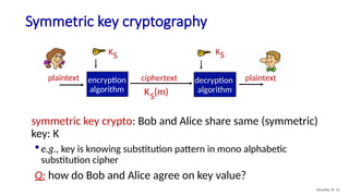 Symmetric key cryptography
plaintext plaintext
KS
encryption
algorithm
decryption
algorithm
KS
ciphertext
K (m)
S
symmetric key crypto: Bob and Alice share same (symmetric)
key: K
 e.g., key is knowing substitution pattern in mono alphabetic
substitution cipher
Q: how do Bob and Alice agree on key value?
Security: 8- 11
 