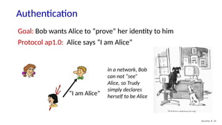 Authentication
Security: 8- 32
Goal: Bob wants Alice to “prove” her identity to him
Protocol ap1.0: Alice says “I am Alice”
in a network, Bob
can not “see”
Alice, so Trudy
simply declares
herself to be Alice
“I am Alice”
 