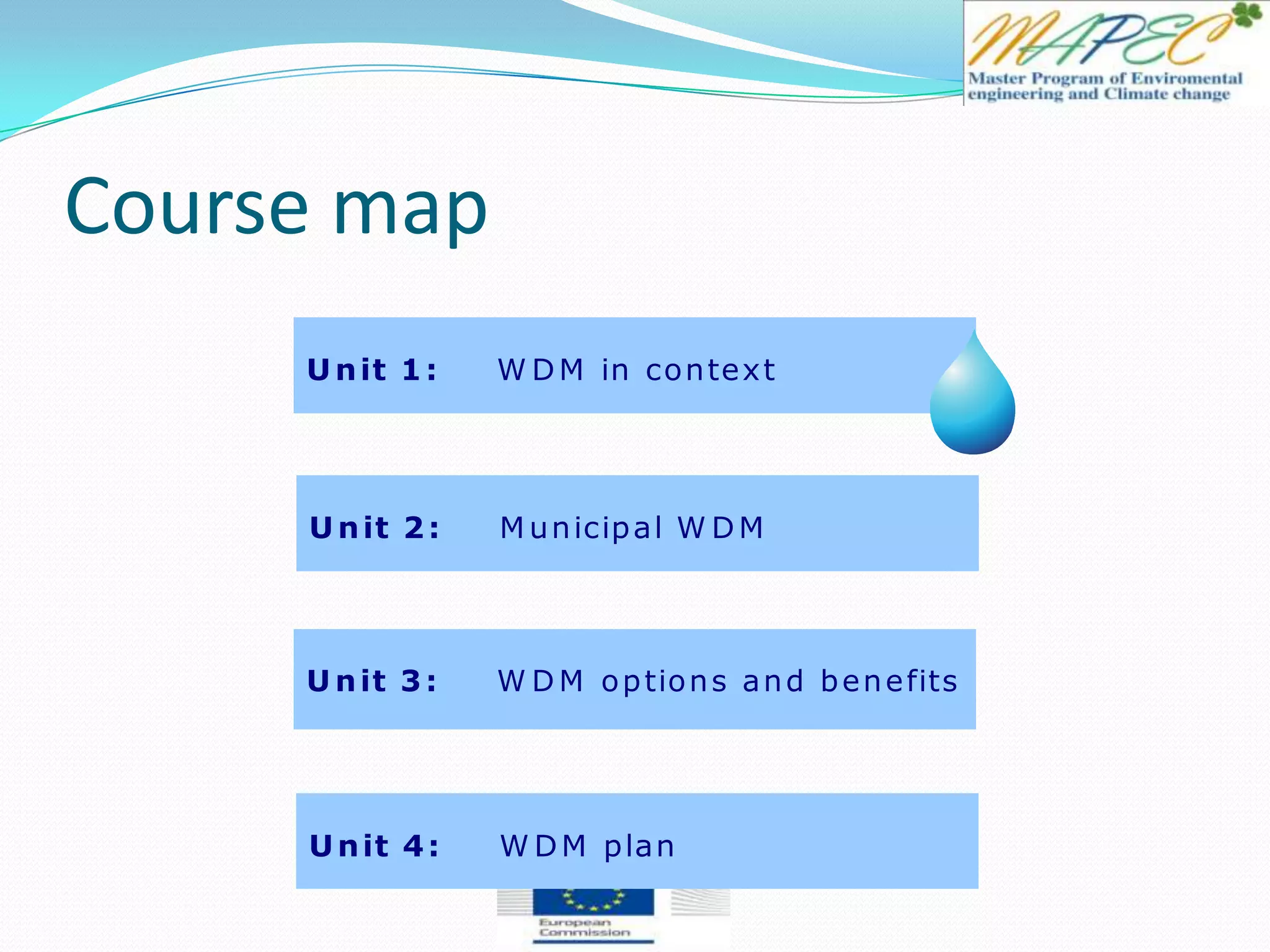 Course map
U nit 1: W DM in context
U nit 2: M unicipal W DM
U nit 3: W D M options and benefits
Unit 4: W DM plan
 