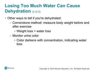 Copyright © 2023 Pearson Education, Inc. All Rights Reserved
Losing Too Much Water Can Cause
Dehydration (2 of 2)
• Other ways to tell if you're dehydrated:
– Cornerstone method: measure body weight before and
after exercise
▪ Weight loss = water loss
– Monitor urine color
▪ Color darkens with concentration, indicating water
loss
 