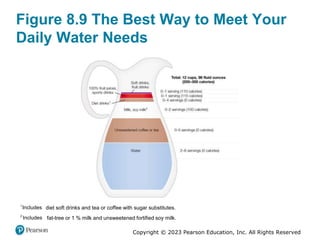 Copyright © 2023 Pearson Education, Inc. All Rights Reserved
Figure 8.9 The Best Way to Meet Your
Daily Water Needs
1
Includes diet soft drinks and tea or coffee with sugar substitutes.
2
Includes fat-tree or 1 % milk and unsweetened fortified soy milk.
 