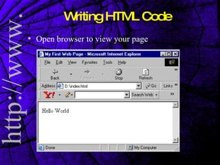 Writing HTML Code Open browser to view your page 