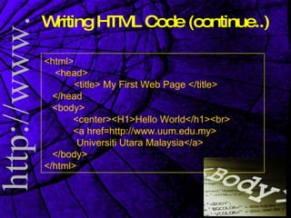 Writing HTML Code (continue..) <html> <head> <title> My First Web Page </title> </head <body> <center><H1>Hello World</h1><br> <a href=http://www.uum.edu.my> Universiti Utara Malaysia</a> </body> </html> 