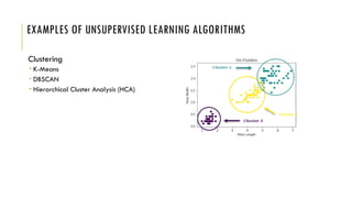 EXAMPLES OF UNSUPERVISED LEARNING ALGORITHMS
Clustering
 K-Means
 DBSCAN
 Hierarchical Cluster Analysis (HCA)
 