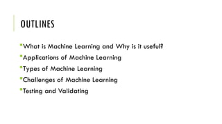 OUTLINES
What is Machine Learning and Why is it useful?
Applications of Machine Learning
Types of Machine Learning
Challenges of Machine Learning
Testing and Validating
 