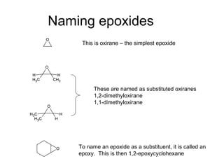 Naming epoxides This is oxirane – the simplest epoxide These are named as substituted oxiranes 1,2-dimethyloxirane 1,1-dimethyloxirane To name an epoxide as a substituent, it is called an epoxy.  This is then 1,2-epoxycyclohexane 