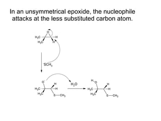 In an unsymmetrical epoxide, the nucleophile attacks at the less substituted carbon atom. 