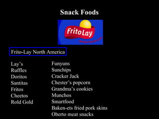 Snack Foods Frito-Lay North America Lay’s Ruffles  Doritos Santitas Fritos  Cheetos Rold Gold  Funyuns  Sunchips  Cracker Jack  Chester’s popcorn Grandma’s cookies Munchos  Smartfood  Baken-ets fried pork skins Oberto meat snacks 