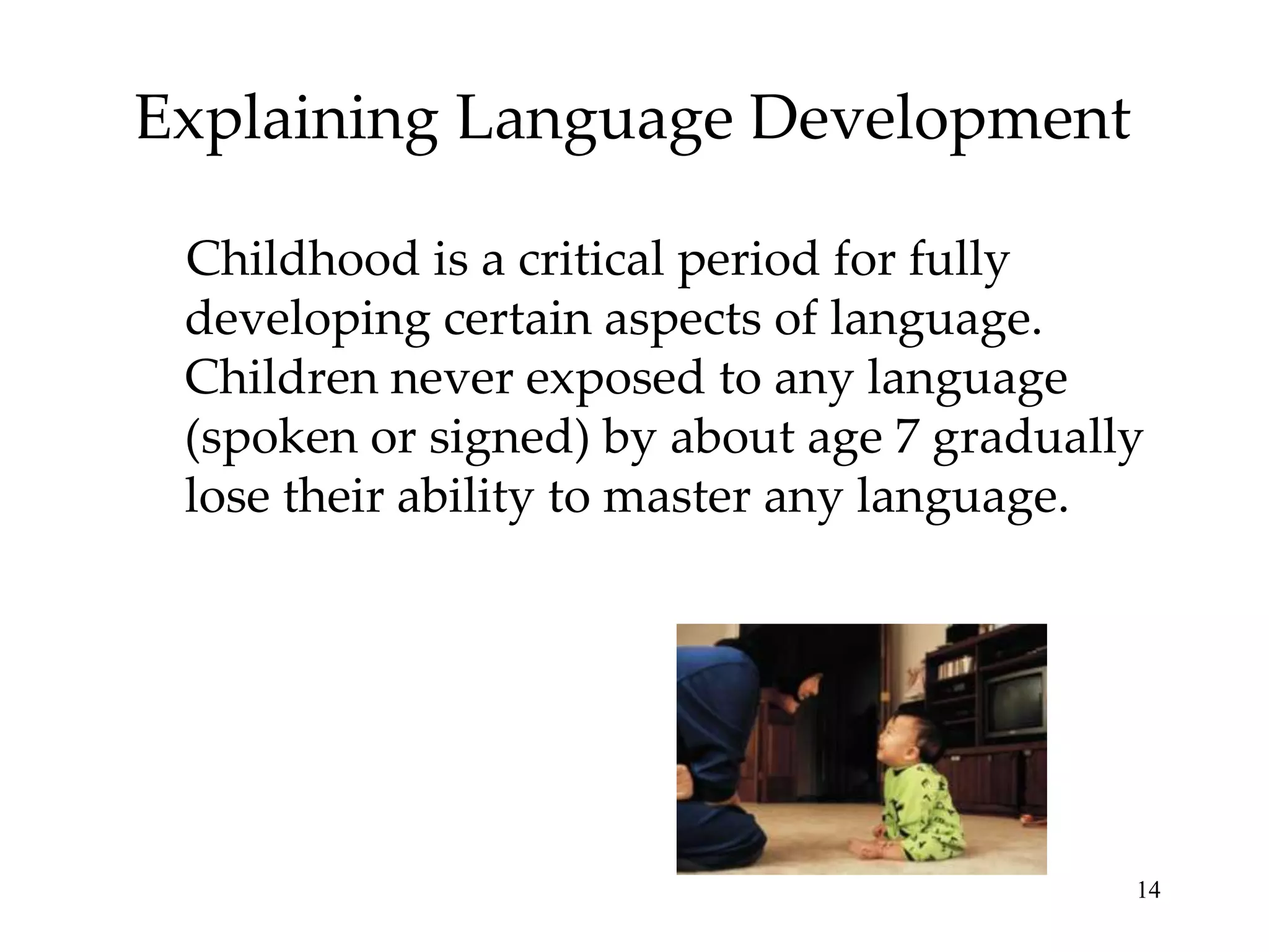 Explaining Language Development

 Childhood is a critical period for fully
 developing certain aspects of language.
 Children never exposed to any language
 (spoken or signed) by about age 7 gradually
 lose their ability to master any language.




                                           14
 