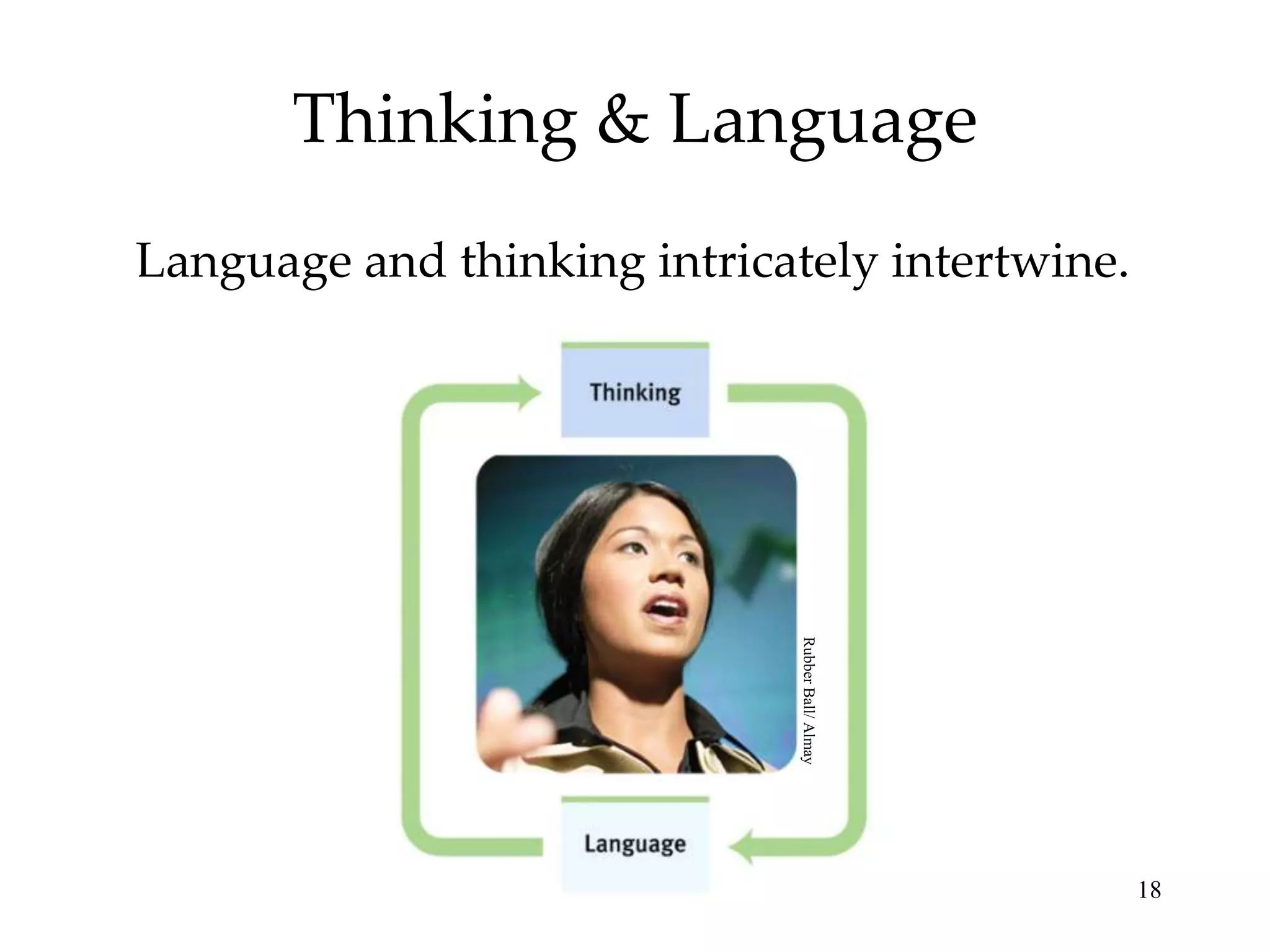 Thinking & Language
Language and thinking intricately intertwine.




                              Rubber Ball/ Almay




                                                   18
 