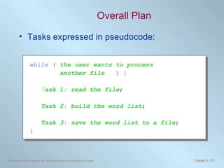 Overall Plan Tasks expressed in pseudocode: while   (   the user wants to process  another file   ) { T ask 1: read the file ; Task 2: build the word list ; Task 3: save the word list to a file ; } 