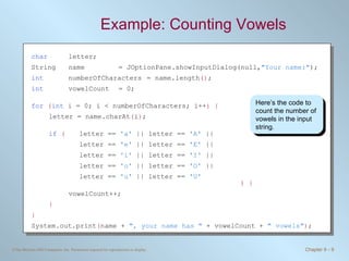 Example: Counting Vowels char   letter; String  name  = JOptionPane.showInputDialog(null, "Your name:" ); int   numberOfCharacters  = name.length () ; int   vowelCount = 0; for   ( int  i = 0; i < numberOfCharacters; i++ ) { letter = name.charAt ( i ) ; if   ( letter ==  'a'  || letter ==  'A'  ||   letter ==  'e'  || letter ==  'E'  ||   letter ==  'i'  || letter ==  'I'  ||   letter ==  'o'  || letter ==  'O'  ||   letter ==  'u'  || letter ==  'U'     ) { vowelCount++; } } System.out.print ( name +  ", your name has "  + vowelCount +  " vowels" ) ; Here’s the code to count the number of vowels in the input string. 
