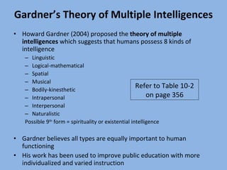 Gardner’s Theory of Multiple Intelligences Howard Gardner (2004) proposed the  theory of multiple intelligences  which suggests that humans possess 8 kinds of intelligence Linguistic Logical-mathematical  Spatial Musical Bodily-kinesthetic Intrapersonal Interpersonal Naturalistic Possible 9 th  form = spirituality or existential intelligence Gardner believes all types are equally important to human functioning  His work has been used to improve public education with more individualized and varied instruction Refer to Table 10-2 on page 356 