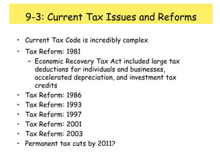 9-3: Current Tax Issues and ReformsCurrent Tax Code is incredibly complexTax Reform: 1981Economic Recovery Tax Act included large tax deductions for individuals and businesses, accelerated depreciation, and investment tax creditsTax Reform: 1986Tax Reform: 1993Tax Reform: 1997Tax Reform: 2001Tax Reform: 2003Permanent tax cuts by 2011?