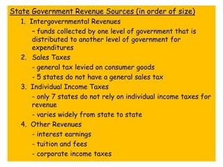 State Government Revenue Sources (in order of size)	1.  Intergovernmental Revenues		– funds collected by one level of government that is 	distributed to another level of government for 	expenditures	2. 	Sales Taxes			- general tax levied on consumer goods		- 5 states do not have a general sales tax	3.  Individual Income Taxes		- only 7 states do not rely on individual income taxes for 	revenue		- varies widely from state to state	4.  Other Revenues		- interest earnings		- tuition and fees		- corporate income taxes