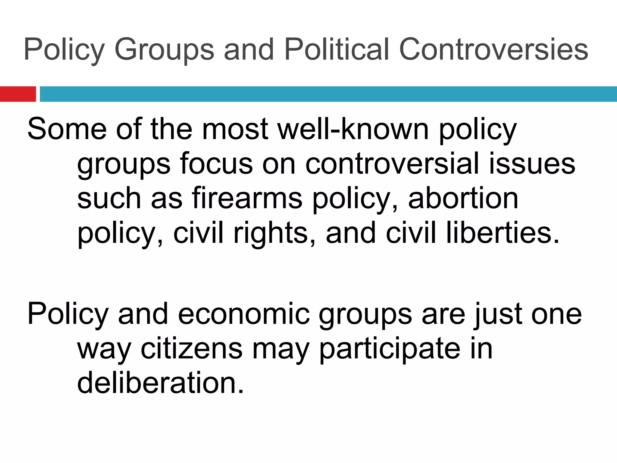 Policy Groups and Political Controversies Some of the most well-known policy groups focus on controversial issues such as firearms policy, abortion policy, civil rights, and civil liberties. Policy and economic groups are just one way citizens may participate in deliberation. 