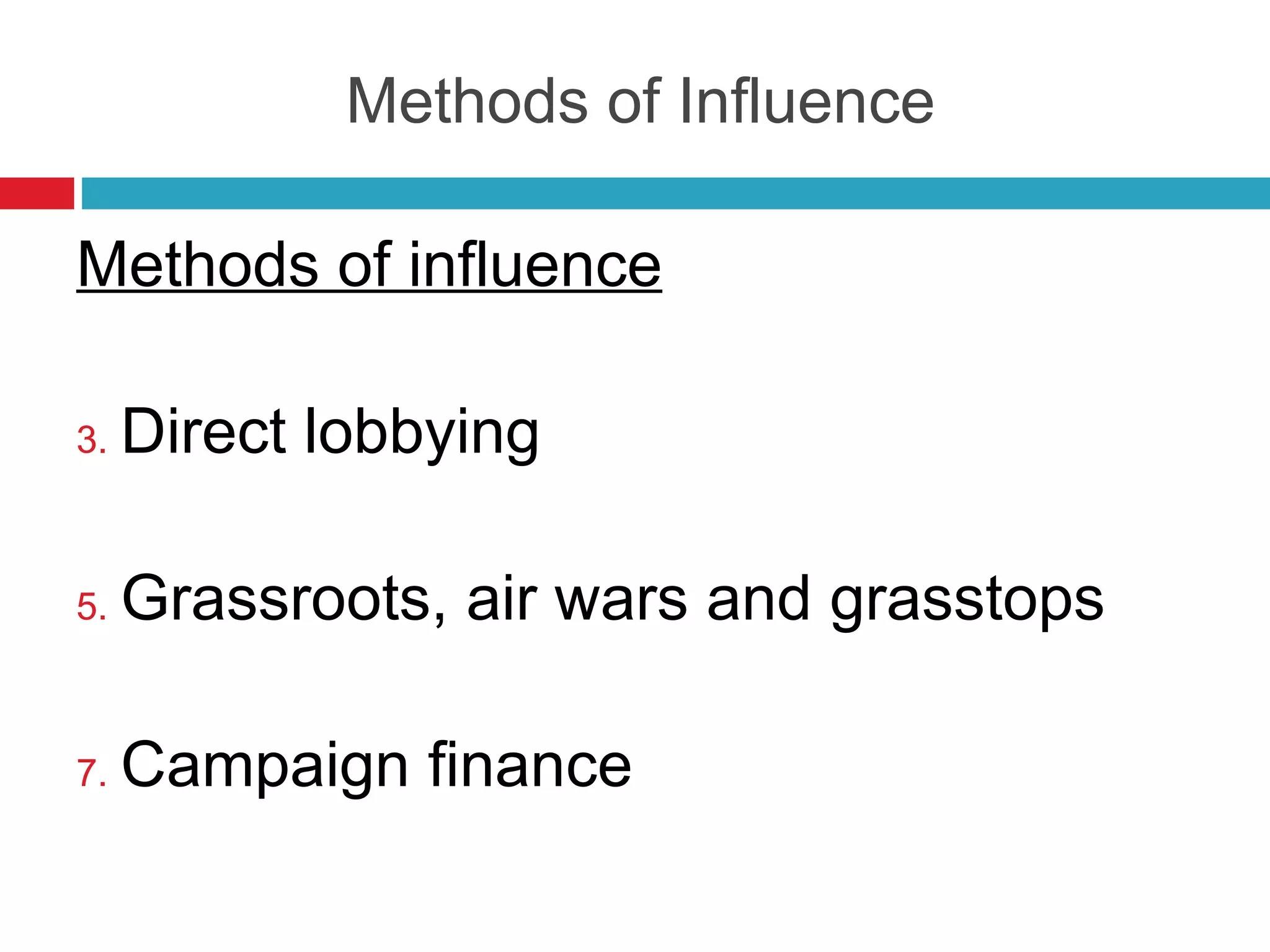 Methods of Influence Methods of influence Direct lobbying Grassroots, air wars and grasstops Campaign finance 