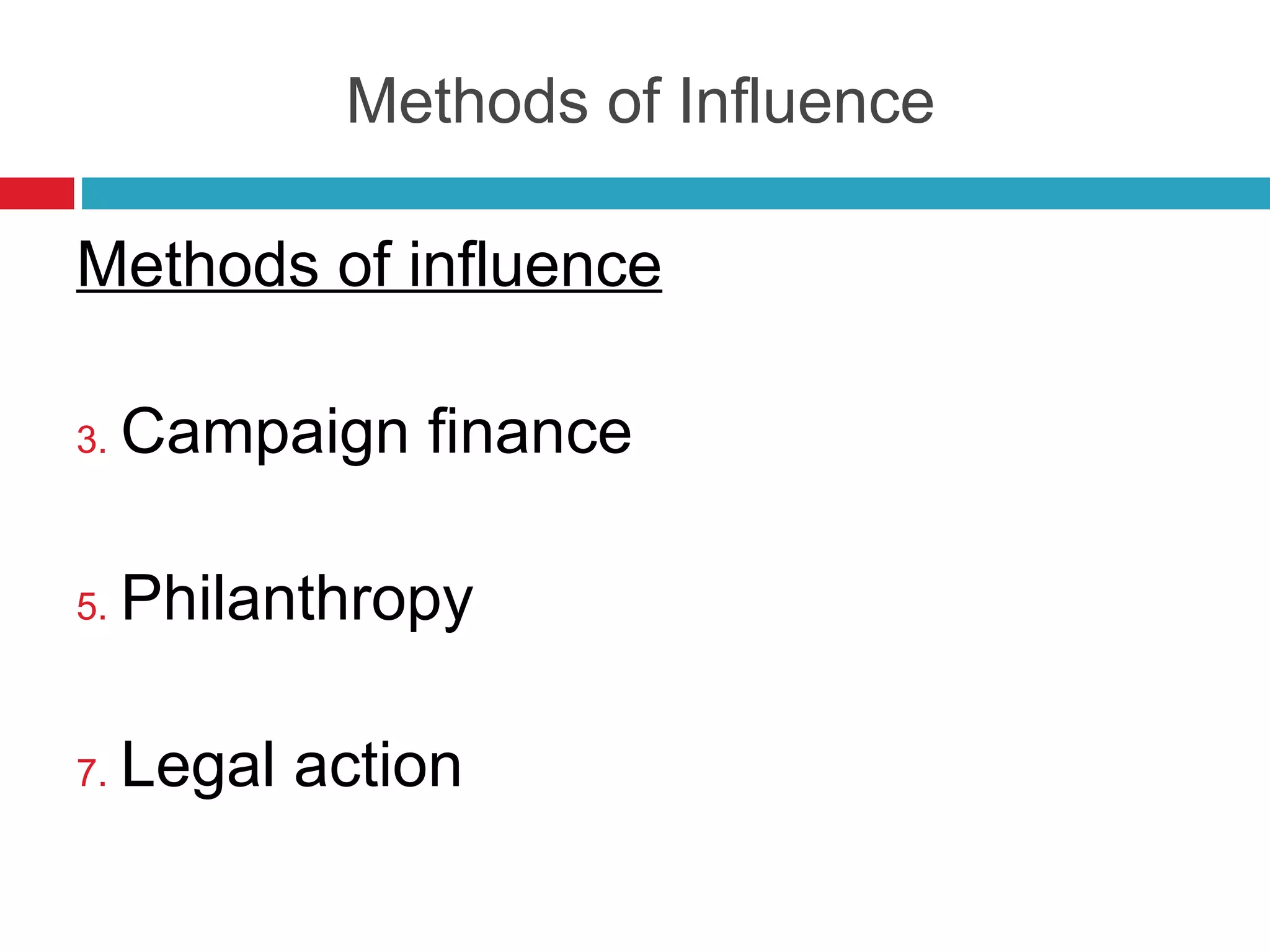 Methods of Influence Methods of influence Campaign finance Philanthropy Legal action 