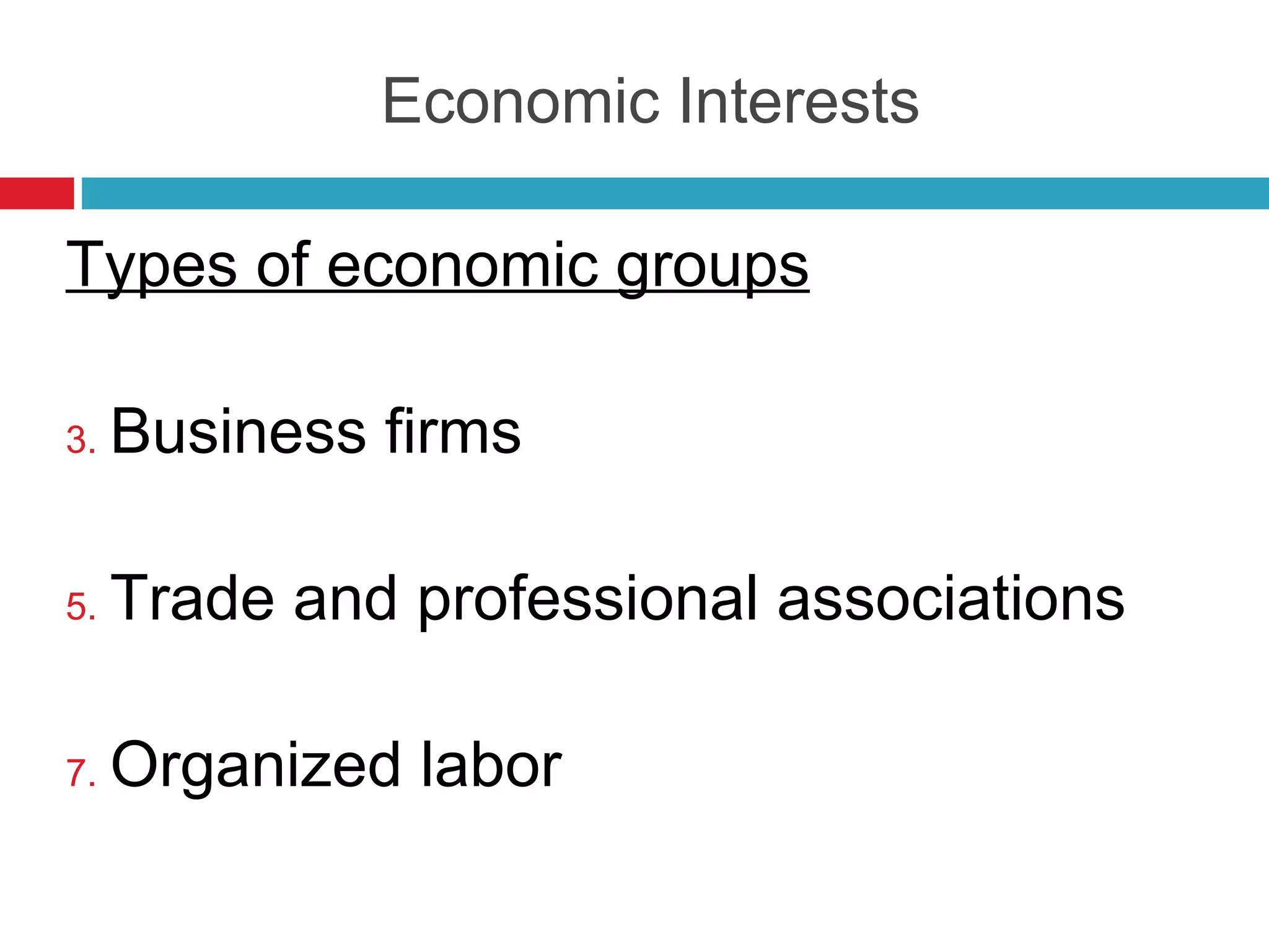 Economic Interests Types of economic groups Business firms Trade and professional associations Organized labor 