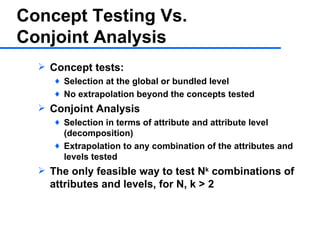 Concept Testing Vs.  Conjoint Analysis ,[object Object],[object Object],[object Object],[object Object],[object Object],[object Object],[object Object]