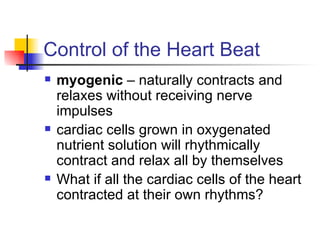 Control of the Heart Beat myogenic  – naturally contracts and relaxes without receiving nerve impulses cardiac cells grown in oxygenated nutrient solution will rhythmically contract and relax all by themselves What if all the cardiac cells of the heart contracted at their own rhythms? 