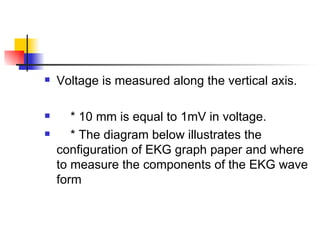 Voltage is measured along the vertical axis. * 10 mm is equal to 1mV in voltage. * The diagram below illustrates the configuration of EKG graph paper and where to measure the components of the EKG wave form 
