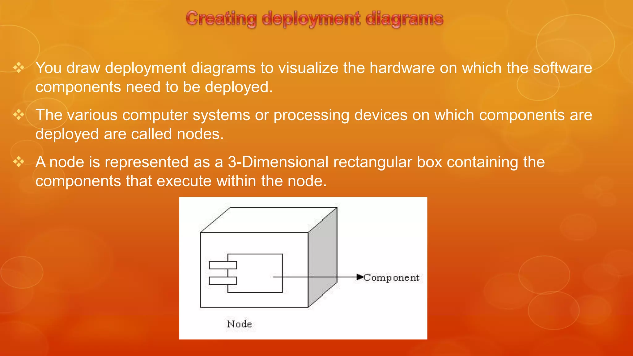  You draw deployment diagrams to visualize the hardware on which the software
  components need to be deployed.
 The various computer systems or processing devices on which components are
  deployed are called nodes.
 A node is represented as a 3-Dimensional rectangular box containing the
  components that execute within the node.
 