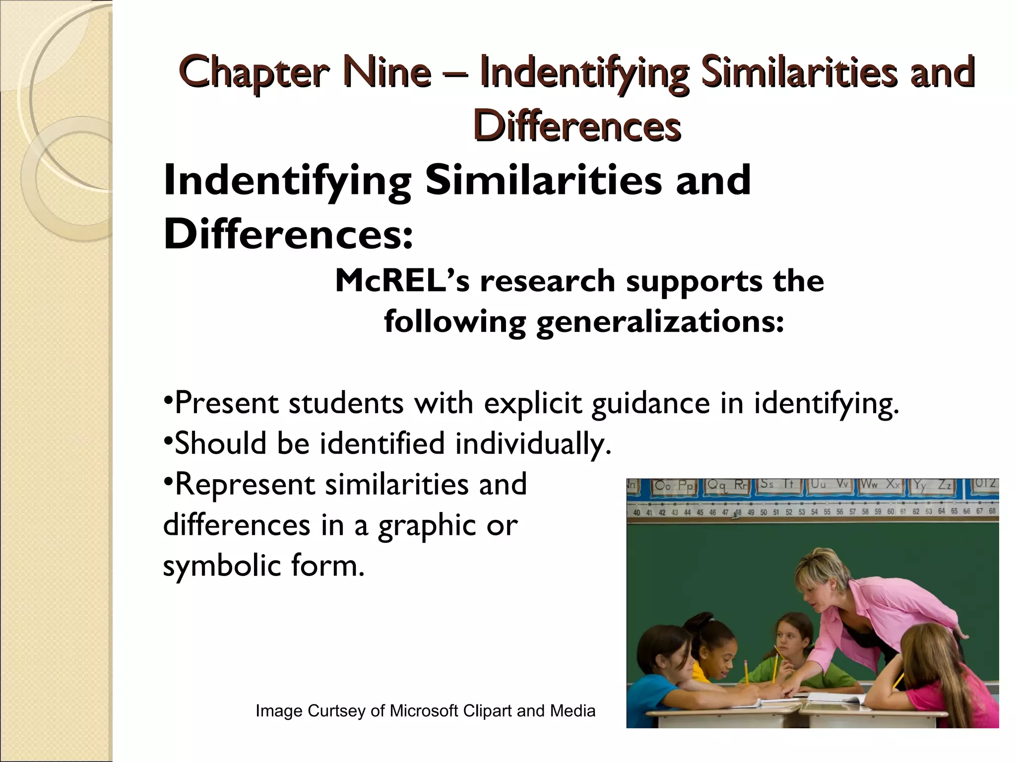 Chapter Nine – Indentifying Similarities and
               Differences
Indentifying Similarities and
Differences:
                 McREL’s research supports the
                   following generalizations:

•Present students with explicit guidance in identifying.
•Should be identified individually.
•Represent similarities and
differences in a graphic or
symbolic form.



       Image Curtsey of Microsoft Clipart and Media
 