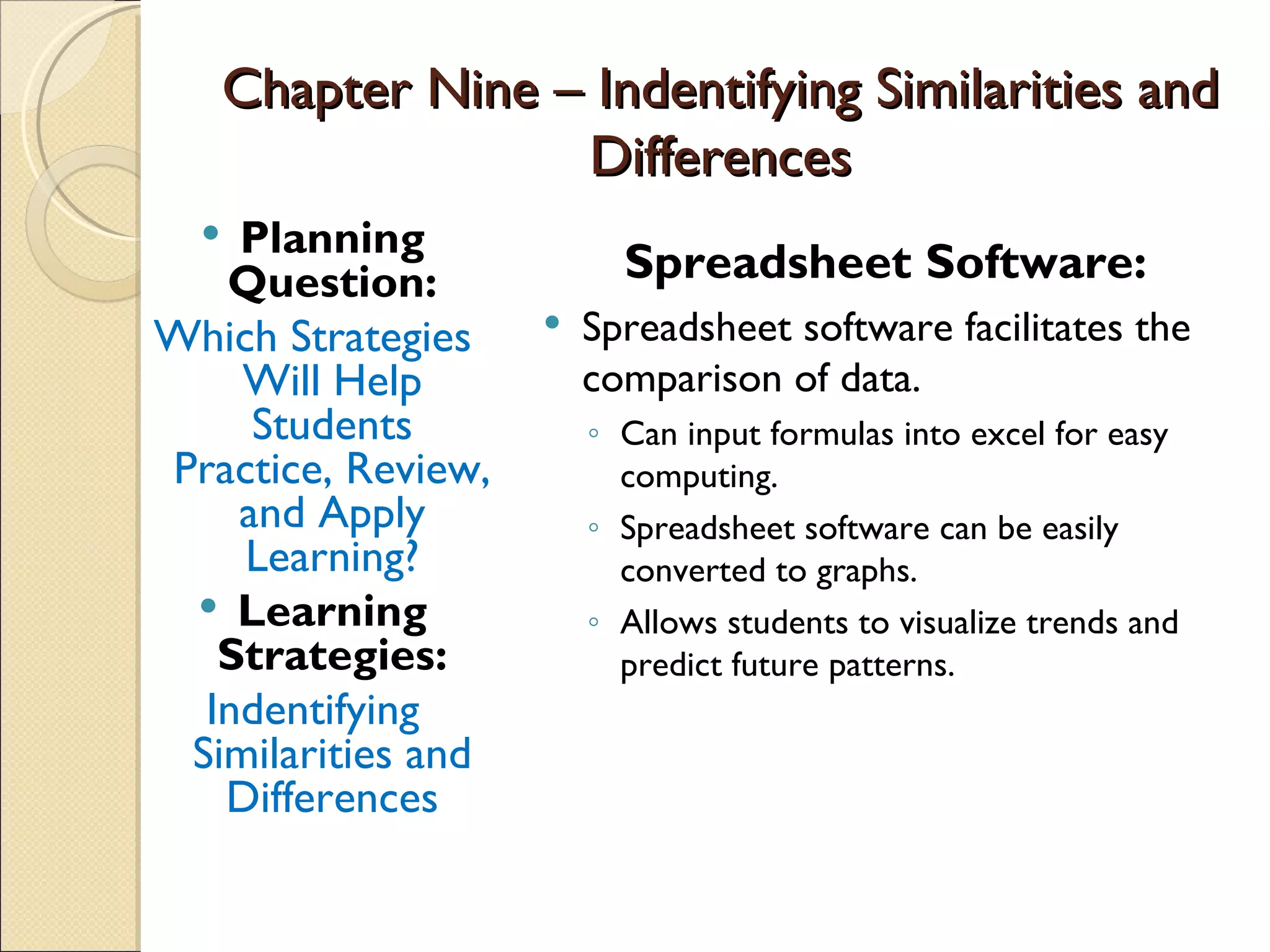 Chapter Nine – Indentifying Similarities and
                    Differences
   Planning
   Question:              Spreadsheet Software:
Which Strategies       Spreadsheet software facilitates the
    Will Help           comparison of data.
     Students           ◦ Can input formulas into excel for easy
Practice, Review,         computing.
    and Apply           ◦ Spreadsheet software can be easily
    Learning?             converted to graphs.
  Learning             ◦ Allows students to visualize trends and
   Strategies:            predict future patterns.
  Indentifying
 Similarities and
   Differences
 