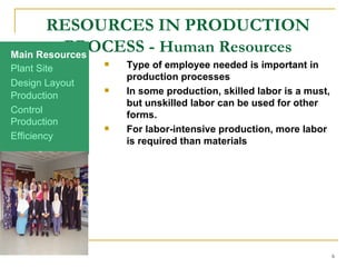 RESOURCES IN PRODUCTION PROCESS -  Human Resources Type of employee needed is important in production processes In some production, skilled labor is a must, but unskilled labor can be used for other forms.  For labor-intensive production, more labor is required than materials  Production Efficiency Production Control Design Layout Plant Site Main Resources 