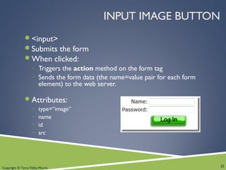 Copyright © Terry Felke-Morris
INPUT IMAGE BUTTON
<input>
Submits the form
When clicked:
◦ Triggers the action method on the form tag
◦ Sends the form data (the name=value pair for each form
element) to the web server.
Attributes:
◦ type=“image”
◦ name
◦ id
◦ src
22
 