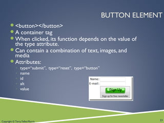 Copyright © Terry Felke-Morris
BUTTON ELEMENT
<button></button>
A container tag
When clicked, its function depends on the value of
the type attribute.
Can contain a combination of text, images, and
media
Attributes:
◦ type=“submit”, type=“reset”, type=“button”
◦ name
◦ id
◦ alt
◦ value
23
 