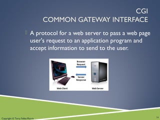 Copyright © Terry Felke-Morris
CGI
COMMON GATEWAY INTERFACE
 A protocol for a web server to pass a web page
user's request to an application program and
accept information to send to the user.
34
 