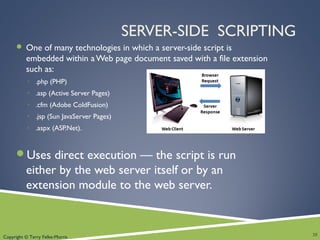 Copyright © Terry Felke-Morris
SERVER-SIDE SCRIPTING
 One of many technologies in which a server-side script is
embedded within aWeb page document saved with a file extension
such as:
◦ .php (PHP)
◦ .asp (Active Server Pages)
◦ .cfm (Adobe ColdFusion)
◦ .jsp (Sun JavaServer Pages)
◦ .aspx (ASP.Net).
Uses direct execution — the script is run
either by the web server itself or by an
extension module to the web server.
35
 
