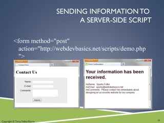 Copyright © Terry Felke-Morris
SENDING INFORMATION TO
A SERVER-SIDE SCRIPT
<form method="post"
action="http://webdevbasics.net/scripts/demo.php
">
38
 