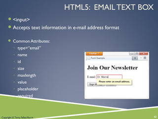 Copyright © Terry Felke-Morris
HTML5: EMAIL TEXT BOX
<input>
Accepts text information in e-mail address format
 Common Attributes:
◦ type=“email”
◦ name
◦ id
◦ size
◦ maxlength
◦ value
◦ placeholder
◦ required
42
 