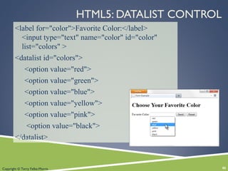 Copyright © Terry Felke-Morris
HTML5: DATALIST CONTROL
<label for="color">Favorite Color:</label>
<input type="text" name="color" id="color"
list="colors" >
<datalist id="colors">
<option value="red">
<option value="green">
<option value="blue">
<option value="yellow">
<option value="pink">
<option value="black">
</datalist>
46
 