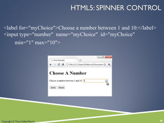 Copyright © Terry Felke-Morris
HTML5: SPINNER CONTROL
<label for="myChoice">Choose a number between 1 and 10:</label>
<input type="number" name="myChoice" id="myChoice"
min="1" max="10">
48
 