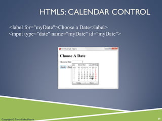 Copyright © Terry Felke-Morris
HTML5: CALENDAR CONTROL
<label for="myDate">Choose a Date</label>
<input type="date" name="myDate" id="myDate">
49
 