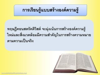 ทฤษฎีคอนสตรัคติวิสต์ จะมุ่งเน้นการสร้างองค์ความรู้
ใหม่และสิ่งแวดล้อมมีความสาคัญในการสร้างความหมาย
ตามความเป็นจริง
การเรียนรู้แบบสร้างองค์ความรู้
 