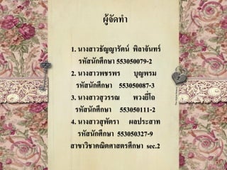 ผู้จัดทา
1. นางสาวธัญญารัตน์ พิลาจันทร์
รหัสนักศึกษา 553050079-2
2. นางสาวพชรพร บุญพรม
รหัสนักศึกษา 553050087-3
3. นางสาวสุวรรณ พวงยี่โถ
รหัสนักศึกษา 553050111-2
4. นางสาวสุพัตรา ผลประสาท
รหัสนักศึกษา 553050327-9
สาขาวิชาคณิตศาสตรศึกษา sec.2
 