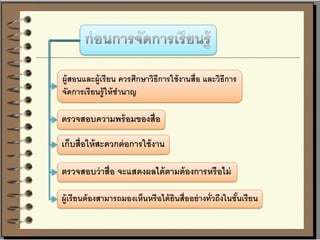 ผู้สอนและผู้เรียน ควรศึกษาวิธีการใช้งานสื่อ และวิธีการ
จัดการเรียนรู้ให้ชานาญ
ตรวจสอบความพร้อมของสื่อ
เก็บสื่อให้สะดวกต่อการใช้งาน
ตรวจสอบว่าสื่อ จะแสดงผลได้ตามต้องการหรือไม่
ผู้เรียนต้องสามารถมองเห็นหรือได้ยินสื่ออย่างทั่วถึงในชั้นเรียน
 