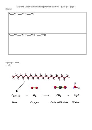 Chapter 9 Lesson 1: Understanding Chemical Reactions – p 300-310 – page 4
Balance
•____ N2 + ____ H2 → ____ NH3

•____ Al + ____ HCl → ____ AlCl3 + ____ H2 (g)

Lighting a Candle
• Lab

 