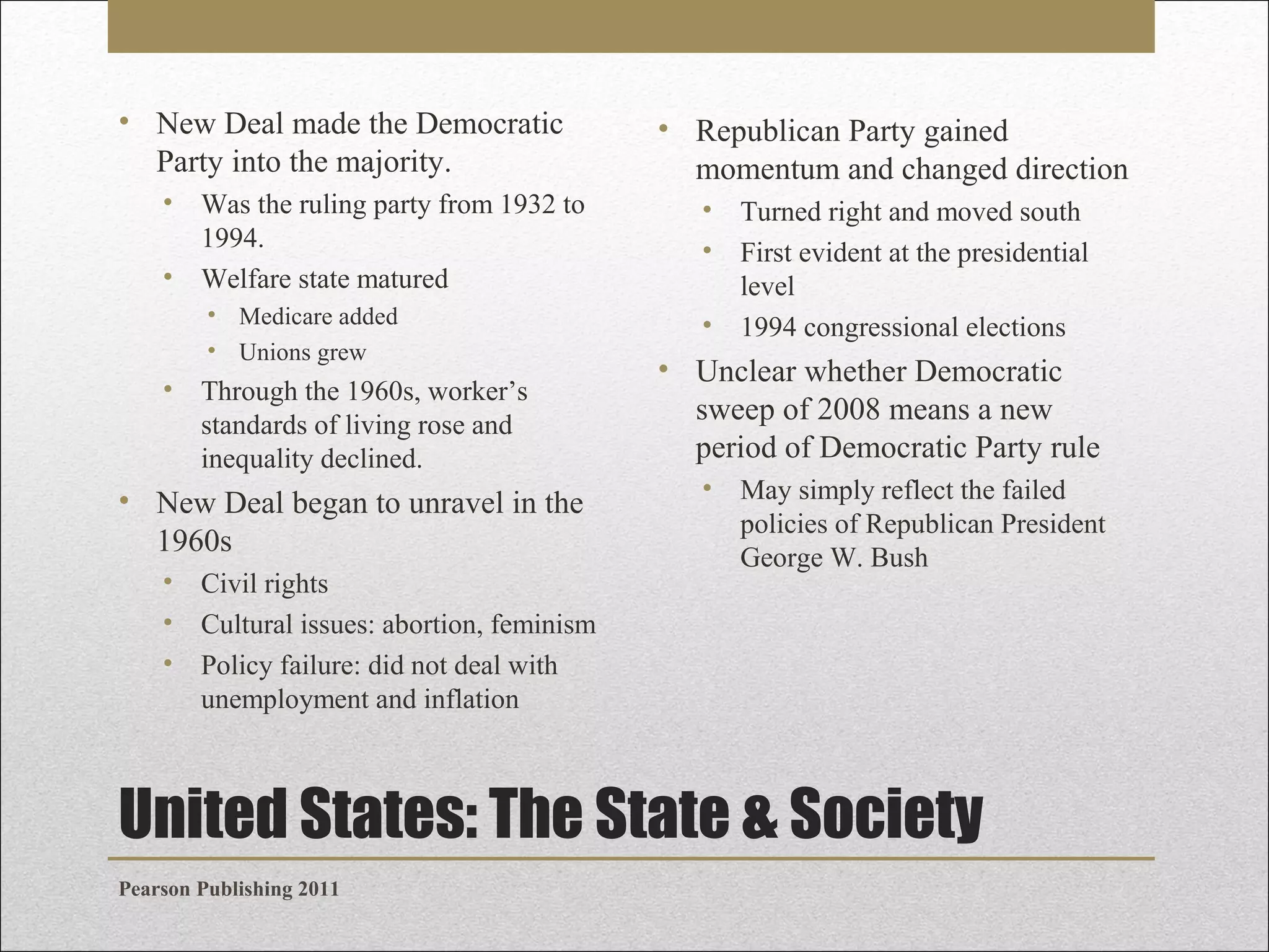 • New Deal made the Democratic
Party into the majority.
•

• Republican Party gained
momentum and changed direction

•

•
•

• Medicare added
• Unions grew

•

Was the ruling party from 1932 to
1994.
Welfare state matured

•

Through the 1960s, worker’s
standards of living rose and
inequality declined.

• New Deal began to unravel in the
1960s
•
•
•

Civil rights
Cultural issues: abortion, feminism
Policy failure: did not deal with
unemployment and inflation

Turned right and moved south
First evident at the presidential
level
1994 congressional elections

• Unclear whether Democratic
sweep of 2008 means a new
period of Democratic Party rule
•

May simply reflect the failed
policies of Republican President
George W. Bush

United States: The State & Society
Pearson Publishing 2011

 