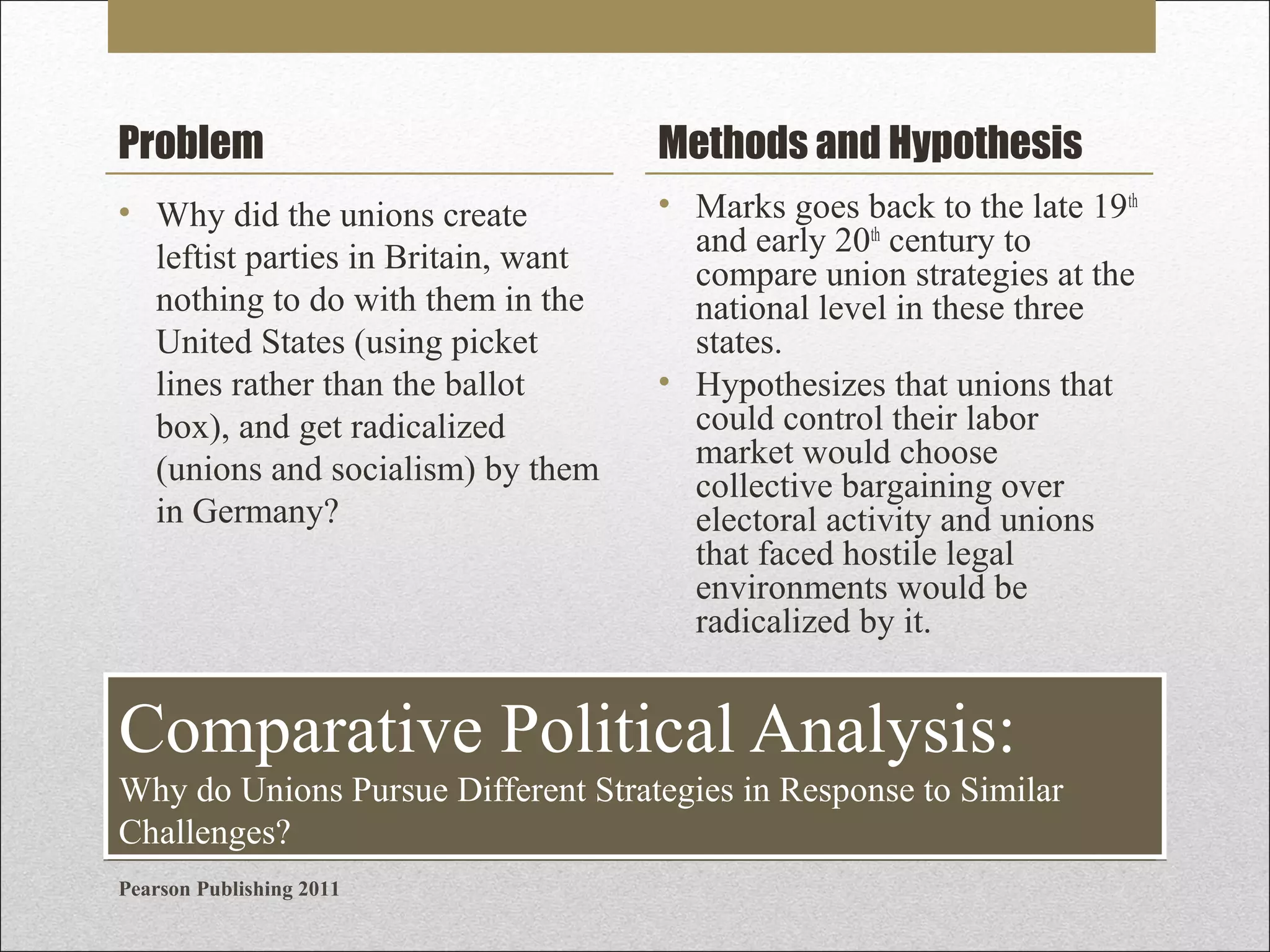 Problem

Methods and Hypothesis

• Why did the unions create
leftist parties in Britain, want
nothing to do with them in the
United States (using picket
lines rather than the ballot
box), and get radicalized
(unions and socialism) by them
in Germany?

• Marks goes back to the late 19th
and early 20th century to
compare union strategies at the
national level in these three
states.
• Hypothesizes that unions that
could control their labor
market would choose
collective bargaining over
electoral activity and unions
that faced hostile legal
environments would be
radicalized by it.

Comparative Political Analysis:
Why do Unions Pursue Different Strategies in Response to Similar
Challenges?
Pearson Publishing 2011

 