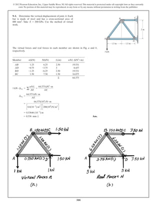 308
The virtual forces and real forces in each member are shown in Fig. a and b,
respectively.
9–1. Determine the vertical displacement of joint A. Each
bar is made of steel and has a cross-sectional area of
600 mm2. Take GPa. Use the method of virtual
work.
E = 200
© 2012 Pearson Education, Inc., Upper Saddle River, NJ.All rights reserved.This material is protected under all copyright laws as they currently
exist. No portion of this material may be reproduced, in any form or by any means, without permission in writing from the publisher.
D
CB
2 m
A
1.5 m
5 kN
1.5 m
Member n(kN) N(kN) L(m) nNL (kN2 m)
AB 1.25 6.25 2.50 19.531
AD -0.75 -3.75 3 8.437
BD -1.25 -6.25 2.50 19.531
BC 1.50 7.50 1.50 16.875
64.375©
#
Ans.= 0.536 mm T
= 0.53646 (10-3
) m
=
64.375(103
) N # m
c0.6(10-3
) m2
d c200(109
)N>m2
d
¢Av
=
64.375 kN # m
AE
1 kN # ¢Av
= a
nNL
AE
=
64.375 kN2 # m
AE
 
