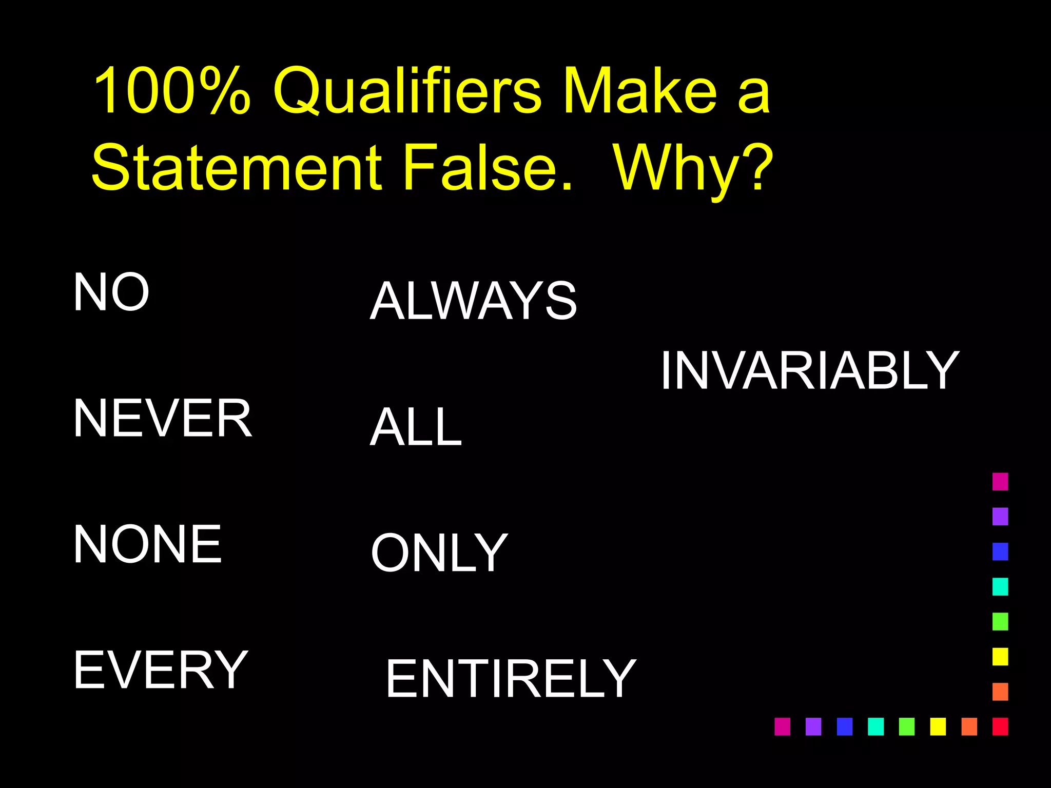 100% Qualifiers Make a
Statement False. Why?
NO
NEVER
NONE
EVERY
ALWAYS
ALL
ONLY
ENTIRELY
INVARIABLY
 
