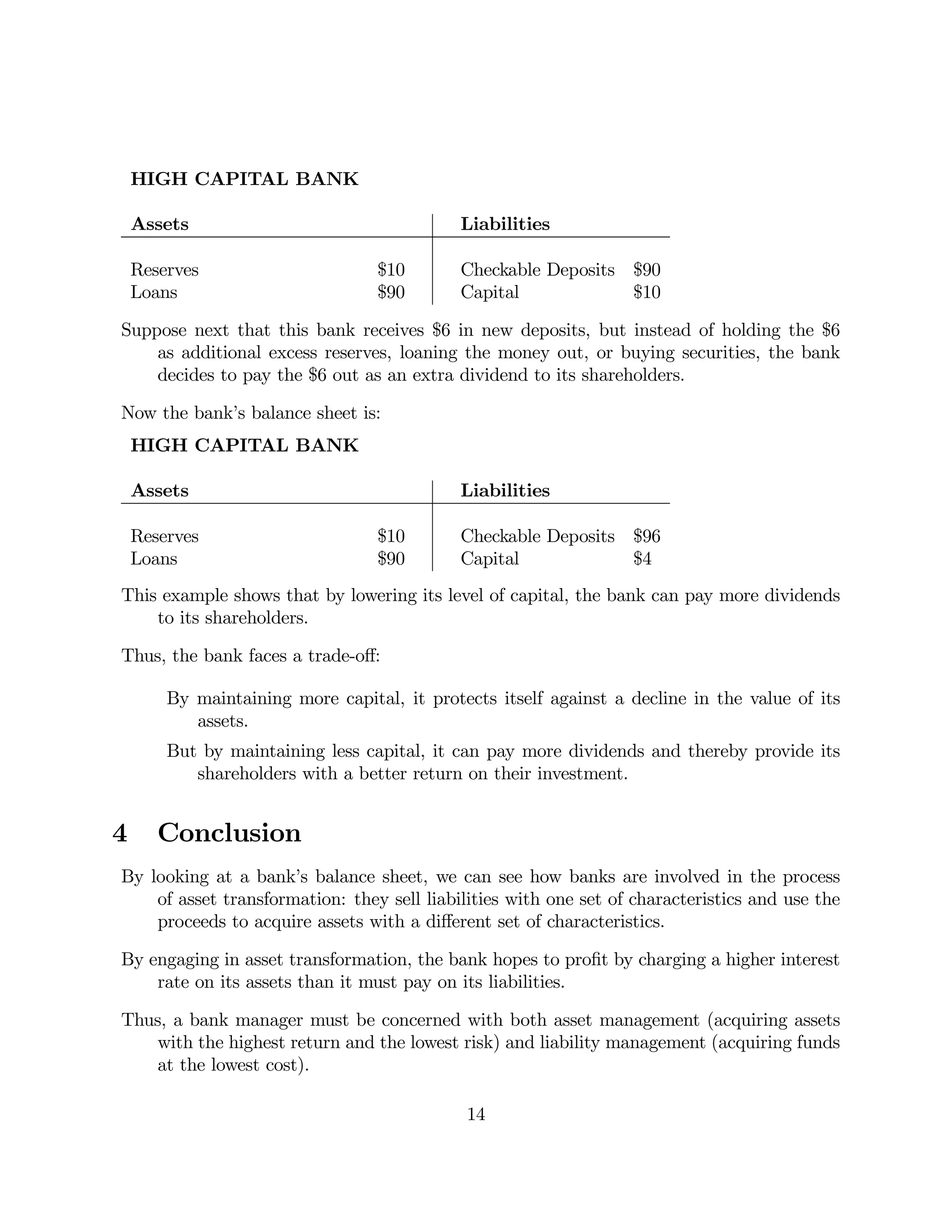 HIGH CAPITAL BANK 
Assets Liabilities 
Reserves $10 Checkable Deposits $90 
Loans $90 Capital $10 
Suppose next that this bank receives $6 in new deposits, but instead of holding the $6 
as additional excess reserves, loaning the money out, or buying securities, the bank 
decides to pay the $6 out as an extra dividend to its shareholders. 
Now the bank’s balance sheet is: 
HIGH CAPITAL BANK 
Assets Liabilities 
Reserves $10 Checkable Deposits $96 
Loans $90 Capital $4 
This example shows that by lowering its level of capital, the bank can pay more dividends 
to its shareholders. 
Thus, the bank faces a trade-off: 
By maintaining more capital, it protects itself against a decline in the value of its 
assets. 
But by maintaining less capital, it can pay more dividends and thereby provide its 
shareholders with a better return on their investment. 
4 Conclusion 
By looking at a bank’s balance sheet, we can see how banks are involved in the process 
of asset transformation: they sell liabilities with one set of characteristics and use the 
proceeds to acquire assets with a different set of characteristics. 
By engaging in asset transformation, the bank hopes to profit by charging a higher interest 
rate on its assets than it must pay on its liabilities. 
Thus, a bank manager must be concerned with both asset management (acquiring assets 
with the highest return and the lowest risk) and liability management (acquiring funds 
at the lowest cost). 
14 
 