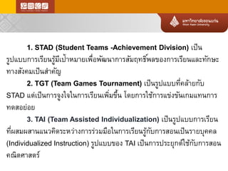 1. STAD (Student Teams -Achievement Division) เป็น รูปแบบการเรียนรู้มีเป้าหมายเพื่อพัฒนาการสัมฤทธิ์พลของการเรียนและทักษะ ทางสังคมเป็นสาคัญ 
2. TGT (Team Games Tournament) เป็นรูปแบบที่คล้ายกับ STAD แต่เป็นการจูงใจในการเรียนเพิ่มขึ้นโดยการใช้การแข่งขันเกมแทนการ ทดสอย่อย 
3. TAI (Team Assisted Individualization) เป็นรูปแบบการเรียน ที่ผสมผสานแนวคิดระหว่างการร่วมมือในการเรียนรู้กับการสอนเป็นรายบุคคล (Individualized Instruction) รูปแบบของTAI เป็นการประยุกต์ใช้กับการสอน คณิตศาสตร์  